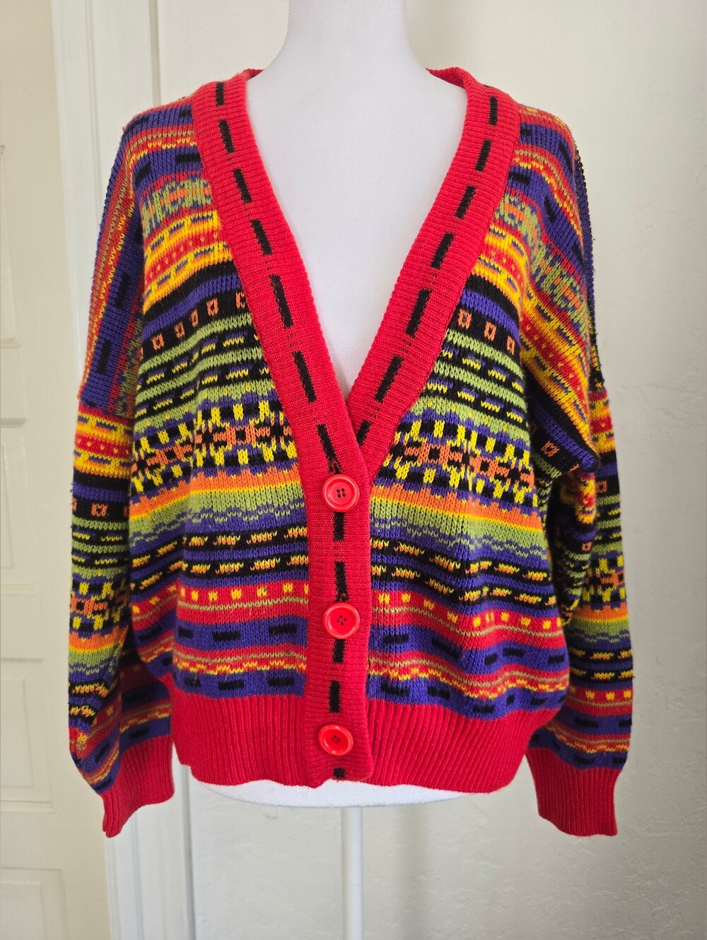 Vintage One Step Up Bright Red Multicolor Patterned Women's Cardigan Sweater